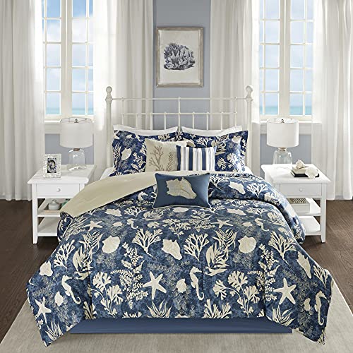 Madison Park All Season Down Alternative Cozy Bedding with Matching Shams, Decorative Pillow, Cotton, Cape Cod, Navy 7pcs, Queen