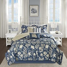 Madison Park All Season Down Alternative Cozy Bedding with Matching Shams, Decorative Pillow, Cotton, Cape Cod, Navy 7pcs, Queen