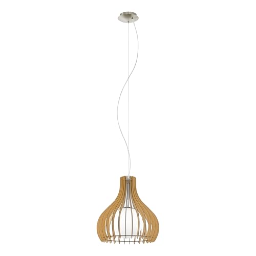 Eglo Pendant Lighting Tindori, Vintage Ceiling Light Fitting Made of Steel, Wood and Glass in Nickel matt, Maple and White, Hanging lamp for Dining and Living Room, E27 Socket, Ø 20 inches