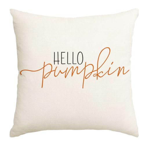 RABUSOFA Fall Pillow Covers 16x16 Hello Pumpkin Autum Pillows Decorative Throw Pillows,Outdoor Thanksgiving Cushion Cover Farmhosue Fall Decorations for Home Couch Sofa Square White