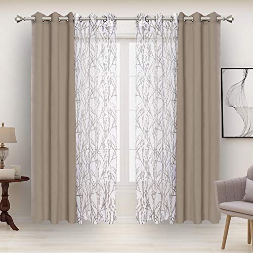 BONZER 4 Panels Set Mix and Match Curtains for Bedroom Living Room - 2 Pieces Branch Print Sheer Curtains & 2 Pieces Thermal Blackout Curtains Grommet Window Drapes, 37x84 Inch/Panel, Taupe