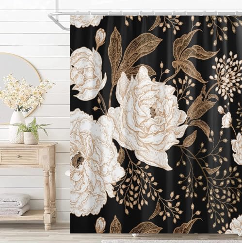 BIVINAR Long Black Gold Floral Shower Curtain 72 x 78 Inch, Waterproof Fabric Black Flowers Bathroom Shower Curtain with Hooks