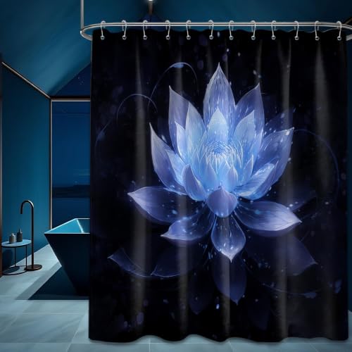 QGHOT Black and Blue Shower Curtain Lotus Flower Shower Curtains for Bathroom Decor Decorative Floral Bath Curtain Set, Waterproof Cloth Fabric, 84x72in