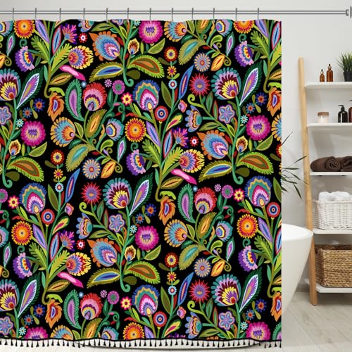 Longan Craft Boho Floral Shower Curtain with Tassels, Wycinanki Flower Shower Curtain for Bathroom 72x72 Inch Waterproof Fabric with 12 Hooks Bohemian Paper-Cut Style