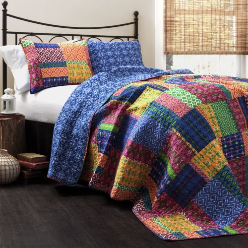 Lush Decor Misha Quilt - Patchwork Bohemian Reversible Print Pattern 3 Piece Bedding Set - King - Fuschia and Blue