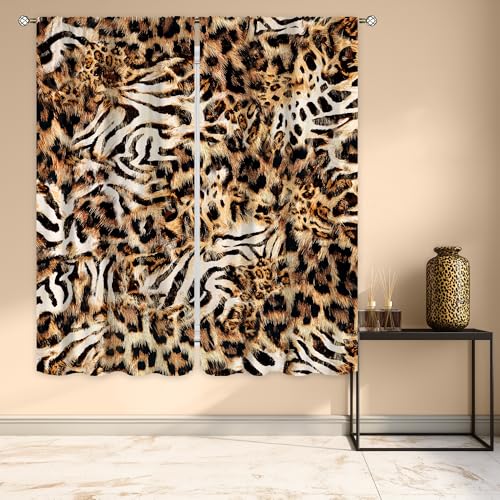 Cinbloo Leopard Tiger Print Curtains 42Wx63H Inch Rod Pocket Black Brown Modern Wildlife Cheetah Skin Pattern Powerful Cat Art Printed Wild Safari Living Room Bedroom Window Drapes Treatment 2 Panels