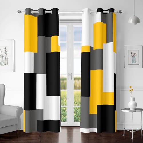 Tyrot Yellow 100% Blackout Curtains for Bedroom 84 inch Length 2 Panels Set White Grey Modern Abstract Geometric Black Out Curtains Insulated Room Darkening Window Drapes for Living Room, 42Wx84L