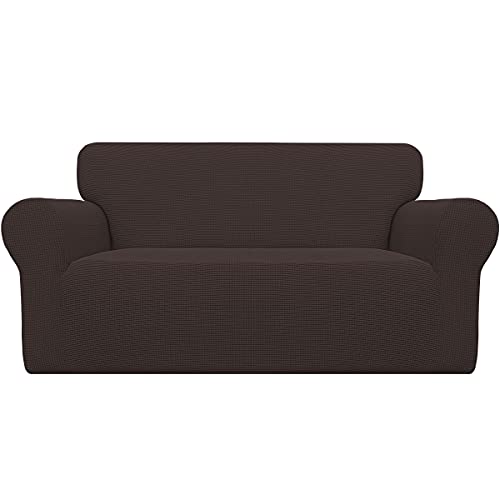 Easy-Going Stretch Sofa Slipcover 1-Piece Sofa Cover Furniture Protector Couch Soft with Elastic Bottom Anti-Slip Foam Kids, Spandex Jacquard Fabric Small Checks(loveseat,Chocolate)