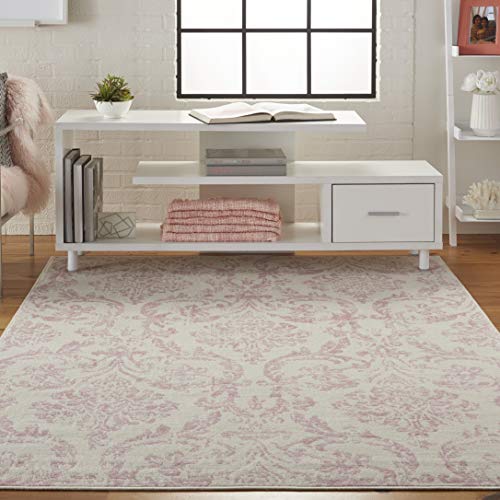 "NOURISON Jubilant Farmhouse Damask Ivory/Pink 5' x 7' Area Rug 5'3"" x 7'3"""