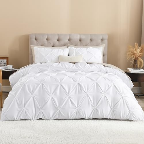 Andency Pinch Pleat White Duvet Cover Queen (90 x 90 inches), 3 Pieces (1 Duvet Cover, 2 Pillow Cases), Smoth Microfiber Pinch Pleated Pintuck Duvet Cover Set with Zipper Closure, Corner Ties
