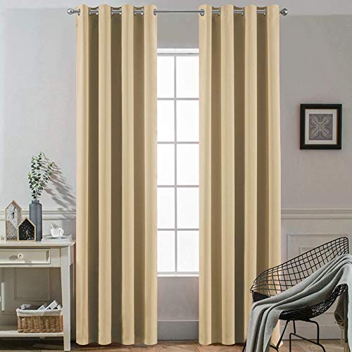 Yakamok Thermal Insulated Grommet Blackout Draperies/Drapes for Bedroom Window,Room Darkening Curtain Panels with 2 Tie Backs Included (2 Panels, W52 x L84 -Inch, Beige)