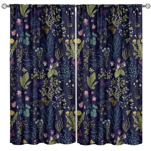 GoDazzling Rustic Farmhouse Plant Floral Blackout Curtains, Watercolor Flowers Botanical Butterfly Window Drapes Treatment, for Bedroom Living Room 52x84in 2 Panels