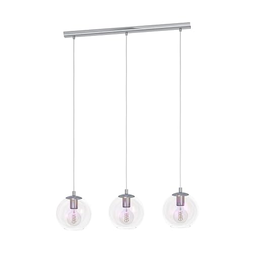 Eglo Pendant Lighting Ariscani 2, 3-Light Hanging lamp for Dining Table, Iridescent Ceiling Light Fitting Living Room, Chrome Coloured Metal and Shimmering Glass, E27 Socket, 76.5 cm