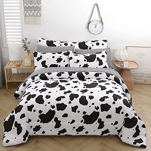 SUCSES King Size Cow Comforter Set, 8 Pieces Black and White Bedding Set, Cute Cow Print King Bed in A Bag Comforter with Sheets Set (Cow Pattern, King Size)