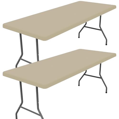 "Moosfor Spandex 6 Foot Rectangle Table Cloth 2 Pack, Elastic Fitted Tablecloths for Picnic, Stretch Washable Patio Table Cover for Outdoor, Camping, Banquet and Parties (Taupe, 30""x72"")"
