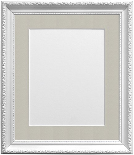 FRAMES BY POST Shabby Chic Picture Photo Frame, Plastic, White with Light Grey Mount, 40 x 40 cm Image Size 12 x 12 Inches