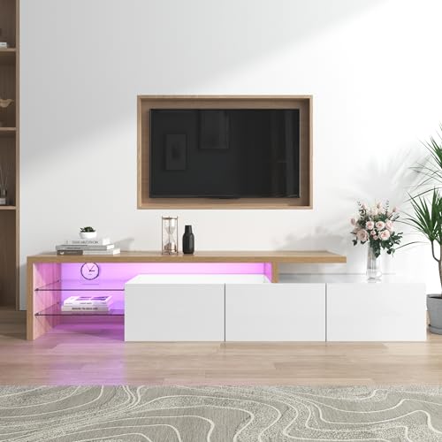 ModernLuxe TV Stand Cabinet, Stylish Elegant TV Unit, Modern TV Cabinet for Living Room, Practical TV Table with Open Glass Shelves and LED Lighting, High-gloss White Storage Cabinet, Wooden 192.5cm