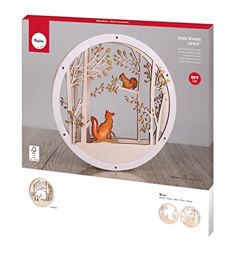 Rayher Wood Building Kit for 3D Wreath with Fox and Squirrel Design, Seasonal DIY Wood Craft Set with 9 slot-together Pieces, Diameter 30cm, natural wood, 63156505