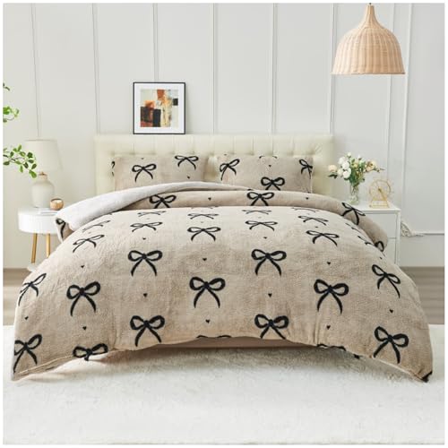 GC GAVENO CAVAILIA Teddy Fleece Duvet Set - Fluffy Bows Duvet Cover with Pillowcase - Thermal Bedding Single Quilt Cover - Warm, Breathable & Hypoallergenic Bed Cover Set - (135x200cm), Natural/Black