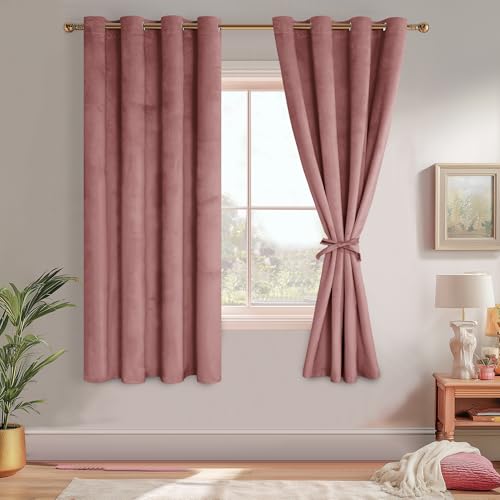 JIUZHEN Short Velvet Curtains for Bedroom - Super Soft Room Darkening Thermal Insulating Window Drapes for Kitchen Home Office Study Room, W 52 x L 63 inch, Set of 2 with Tiebacks, Wild Rose