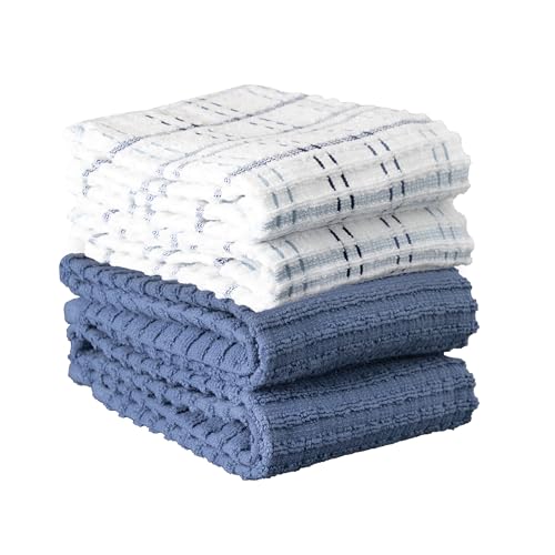 Ritz Royale Collection 100% Combed Terry Cotton Kitchen Towel Set, Highly Absorbent 13-3/4 x 12 Inches, 4 Pack, Solid & Plaid - Federal Blue