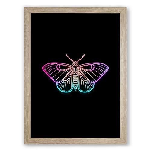 Neon Butterfly Modern Framed Wall Art Print A3 (42×29.7cm) Oak, Wall Decor for Living Room, Bedroom, Office & Home, Ready to Hang, Art Gift