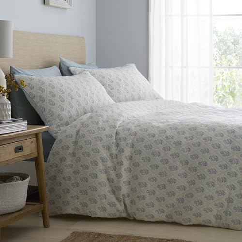 Dreams & Drapes Block Floral Jacquard Duvet Cover Set Single 140 x 200cm – Blue Country Floral Bedding with Diamond Trellis Design, Soft Touch Fabric