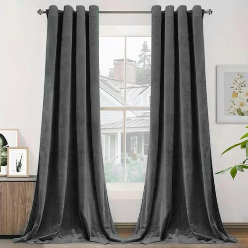"SMILETIME Dark Grey Velvet Curtains 52""x96"" Grommet 2 Panels - OEKO-TEX rust-proof grommets light filtering heat insulated noise reducing, living room bedroom study, machine washable"