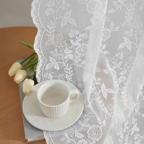 White Lace Curtains 80 Inches Long 2 Panels Set Country Rustic Leaf Floral Embroidered Sheer Vintage Lace Curtains for Living Room Bedroom, Rod Pocket Privacy Antique Lacy Curtain Drapes, 52 x 80 Inch