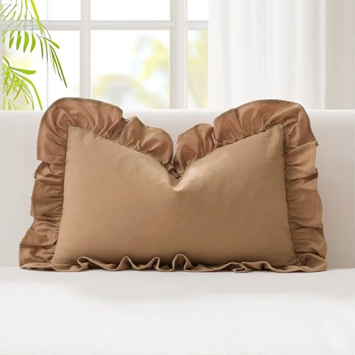Kevin Textile 12x20 Inch Lumbar Pillow Cover 1 Pack 100% Cotton Lace Ruffles Scalloped Decorative Rectangle Cushion Case Soft Pillow for Bedding Couch Sofa, Coco Brown