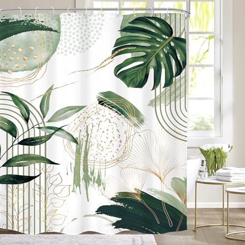 "Mitpok Sage Green Boho Extra Mid Cen Olive Bathroom Shower Curtain Set - Dark Leaves look 72""W x 96""L. waterproof HD print, quick-dry fabric and free hooks for easy setup."