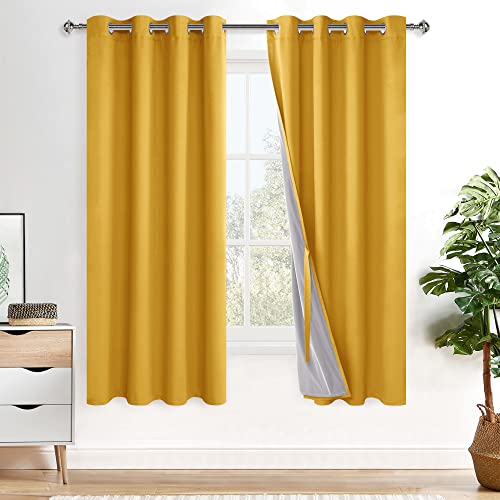 XWZO 100% Blackout Window Curtains - Thermal Insulated & Noise Reduction Black Liner Ring Top Window Treatment Sewn with Tiebacks for Bedroom/Living Room, Yellow, W52 x L63, Set of 2