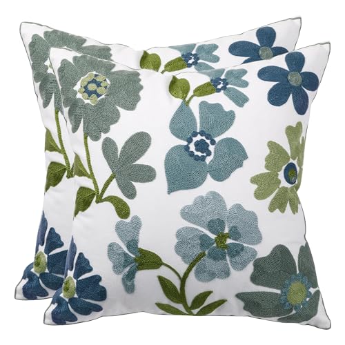 Tosleo Embroidered Throw Pillow Covers 18x18 inch Pack of 2 Blue Blossoms - Durable Fabric,Square Pillow Cover,Boho Decorative,Hidden Zipper,Aesthetic Design,Ideal Gift,Machine Washable