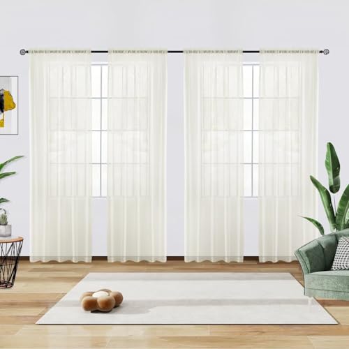 youleyar Solid Sheer Rod Pocket Curtain Voile Draperies 4 Panels Ivory Beige Black Grey Coffee 52 Inch Width 72 Inch Long 1 Pair for Kitchen Bedroom Children Living Room Yard(Ivory,52W???72L)