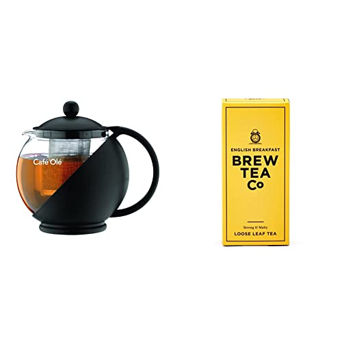 Caf?? Ole CMP-07TP Everyday Round Tea Pot Infuser Basket Glass Teapot Loose Leaf 700 ml/24 oz, Black & Brew Tea Co - English Breakfast - Strong and Malty - 113g Loose Leaf Tea
