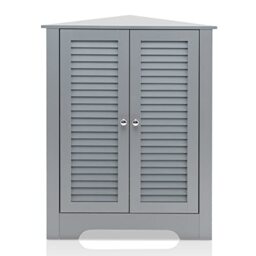 CASART Floor Storage Cabinet, Multipurpose Corner Shelf with Double Louver Cabinet Doors, Stand Organizer Cupboard Unit for Kitchen, Living Room, Bathroom and Hallway (Grey)