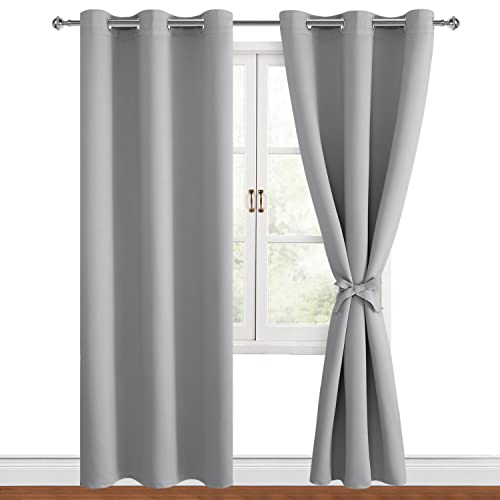 Hiasan Blackout Curtains for Bedroom, 38 x 84 Inches Long - Thermal Insulated & Light Blocking Window Curtains for Living Room, 2 Drape Panels Sewn with Tiebacks, Silver Grey