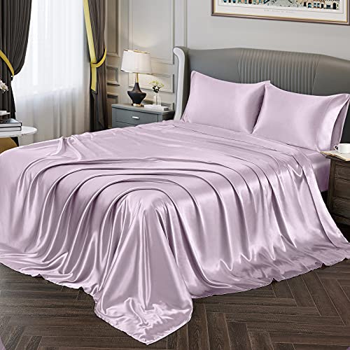 Vonty Silky Soft Satin Bed Sheets, Luxury Lavender Satin Sheet Set Queen Size, 1 Deep Pocket Fitted + 1 Flat + 2 Pillowcases