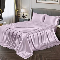 Vonty Silky Soft Satin Bed Sheets, Luxury Lavender Satin Sheet Set Queen Size, 1 Deep Pocket Fitted + 1 Flat + 2 Pillowcases
