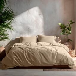 GAMUSI 180 Plain 100% Cotton Bedding Set, Duvet Cover 260 x 240 cm and 2 Pillowcases, Breathable, Soft, Stone Colour