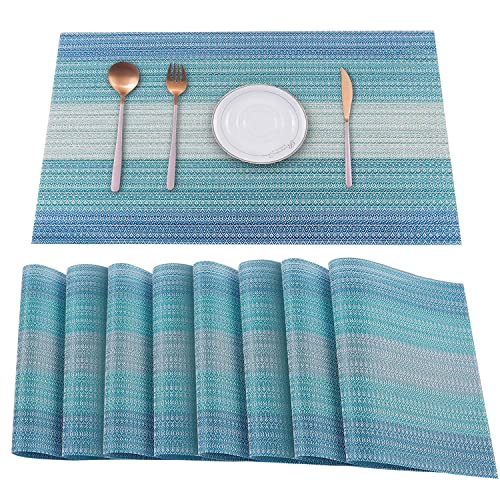 HeloHo Blue Placemats Set of 8,Vinyl Table Place Mats, Heat Resistant Stain Resistant Foldable Placemats, Washable Wipeable Placemat for Kitchen Dining Table Decoration Indoor Outdoor.