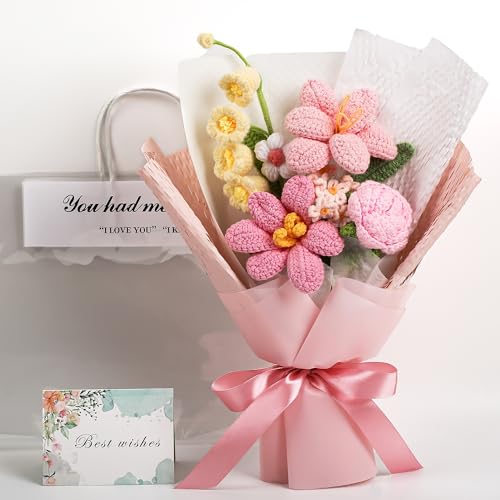 EZsenses Crochet Flower Bouquet ??? Hand-Knitted Tulip Faux Flowers with Gift Bag & Greeting Card, Perfect for Home Decor, Weddings, Birthdays & Memorial Gifts
