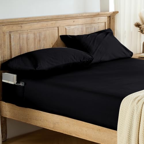 Entisn Pure Cotton Fitted Sheet, Side Pockets, Twin (Black) - 400 Thread Count, 16-Inch Deep Pocket, Breathable Cotton, Side Storage Pockets, Machine Washable