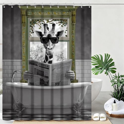 mutakin Rustic Shower Curtain Giraffe Reading Newspaper Shower Curtains for Bathroom Waterproof Fabric Bath Curtain Decor with Hooks