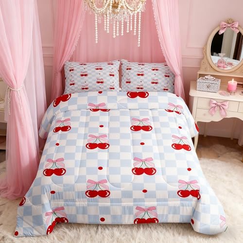 Pink Bowknot Kids Comforter Set Full Size,Bow Tie Cherry Tropical Fruit Cartoon Bedding Set,Girls Women Room Decor,Geometric Checkered Patchwork Down Comforter,Blue Chic Duvet Insert,2 Pillowcases
