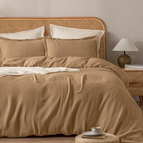 "PHF 100% Natura Cotton Muslin Duvet Cover Set King Size, Ultra Soft Breathable Absorbent, Luxurious Minimalist Gauze Bedding for All Season, Duvet Set with 2 Pillow Shams, 104"" x 90"", Brown"