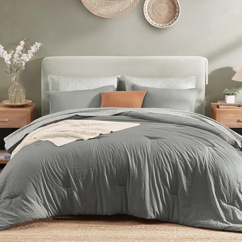 Monbix Full Size Comforter Sets-7 Pieces Soft Bed in a Bag Full Bedding Set - All Season Granite Grey Prewashed Comforter Bed Set with Sheets, Pillowcases & Shams
