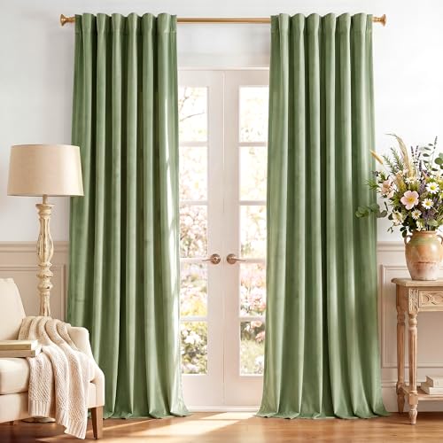 StangH Retro Green Velvet Curtains Room Darkening, 52x108 Inches, Super Soft Velvet Drapes with Rod Pocket Back Tab, Thermal Insulated Window Treatment for Bedroom, Living Room, 2 Panels