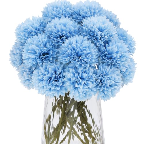 Kimura's Cabin 20Pcs Chrysanthemums Artificial Flowers Silk Faux Mums with Stem Fake Ball Flower for Wedding Bouquets Arrangements Home Coffee Table Centerpieces DIY Decoration,Blue