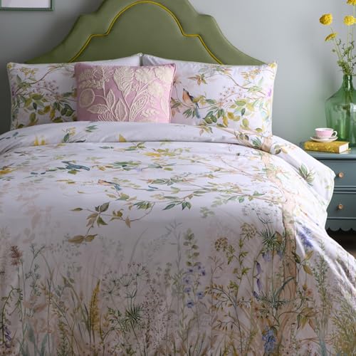 Appletree - Garden Foliage & Birds Duvet Cover - King Bedding Size (230 x 220cm) - 200 Thread Count - Piped Edge - Soft 100% Cotton - 2 Pillowcases - Floral Duvet Cover in Natural - Flower Bedding